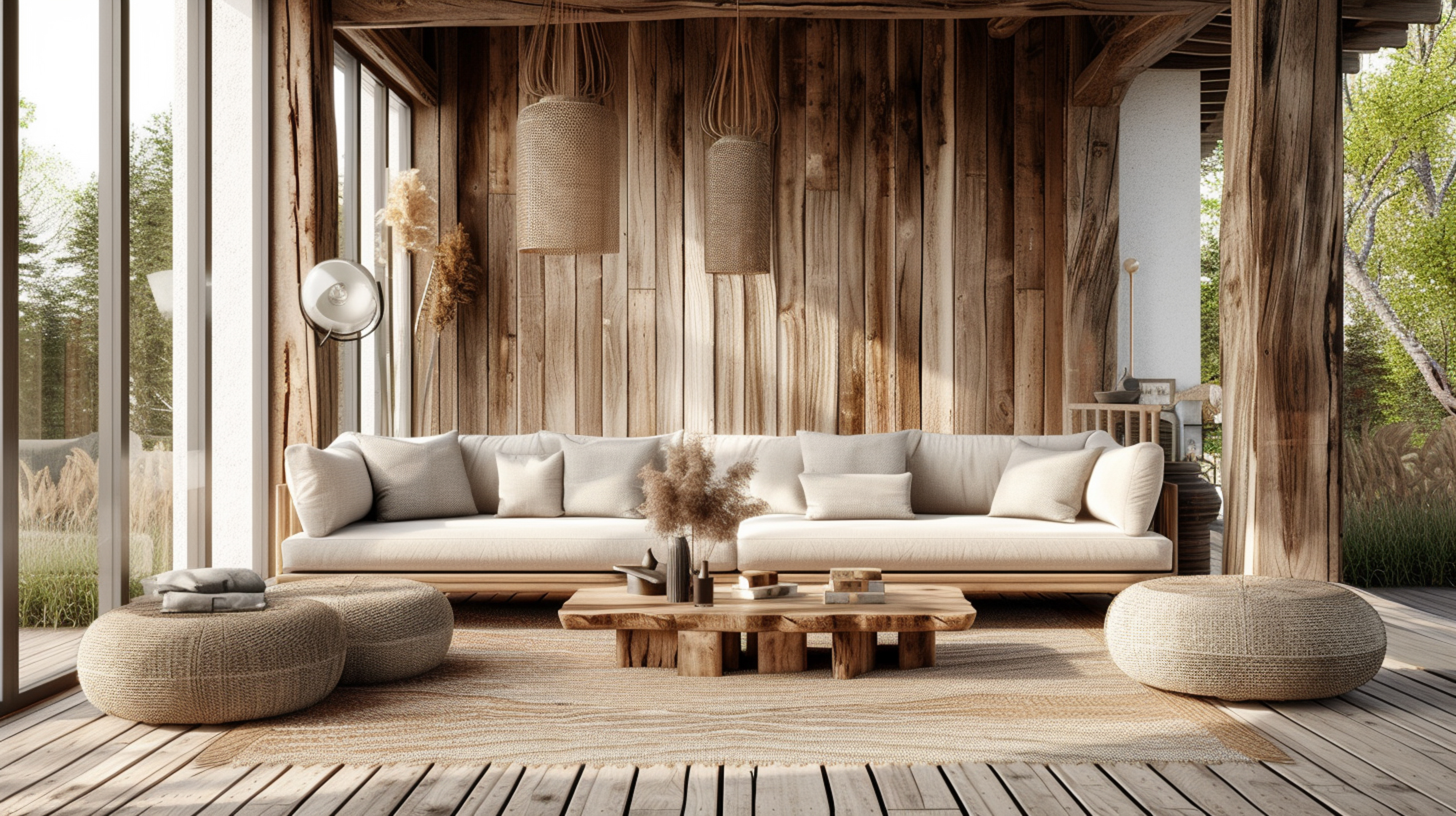 Salon avec canapé blanc et table basse en bois massif dans un intérieur naturel aux matières bois et lin