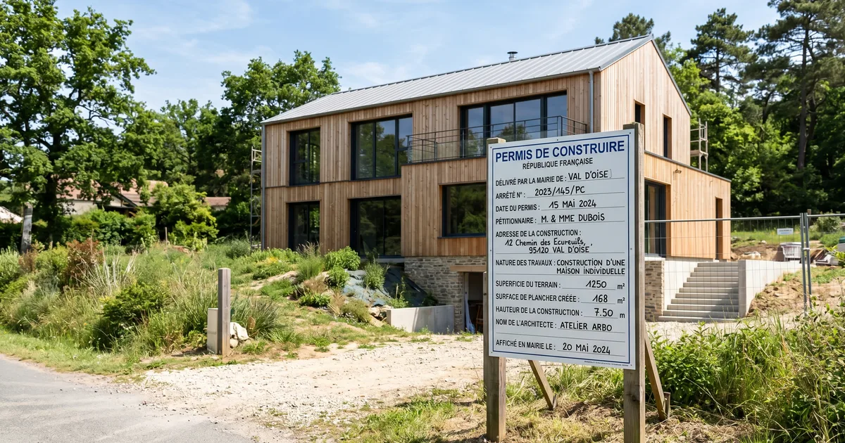 Panneau réglementaire de permis de construire posé devant une maison ossature bois en cours de construction