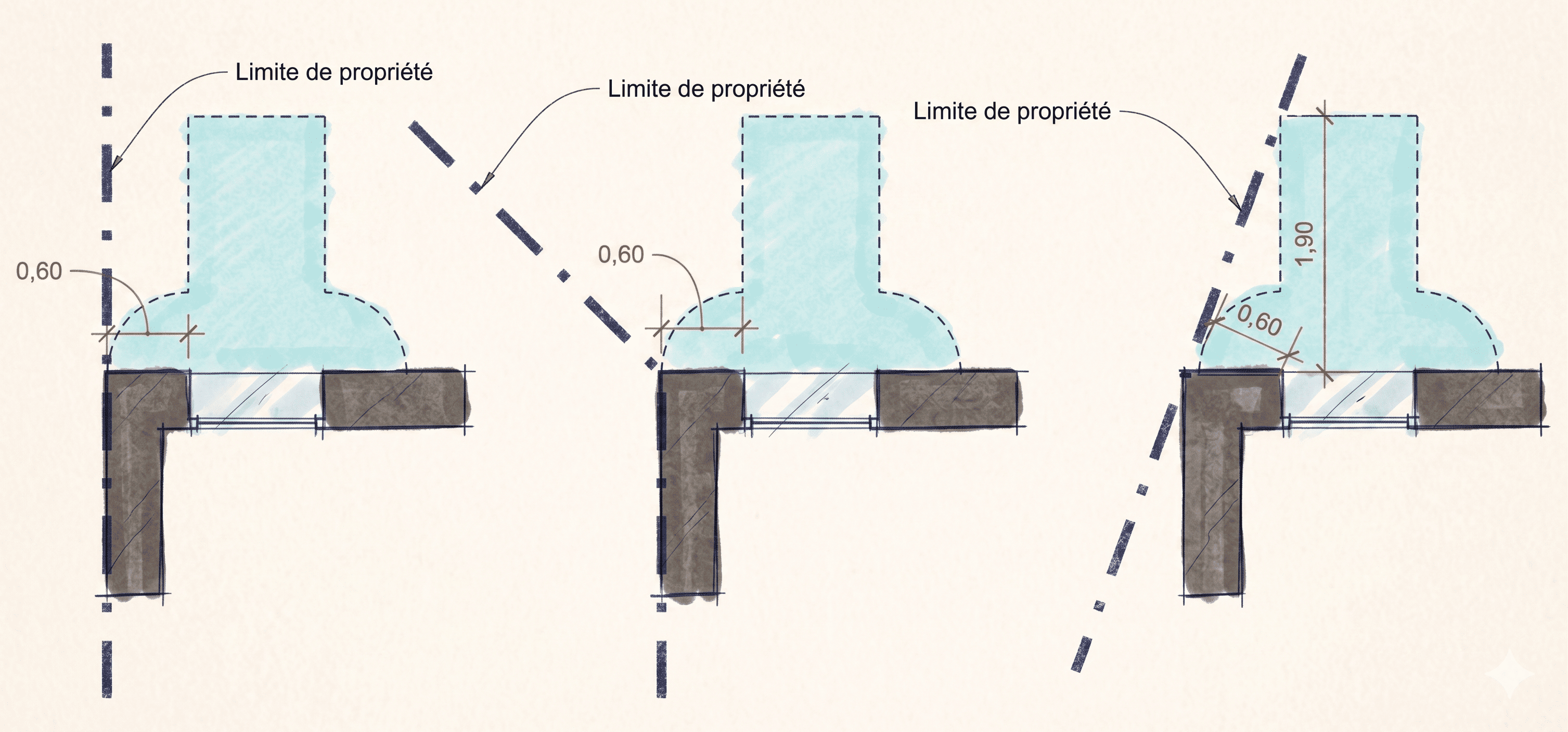 Schéma des distances réglementaires pour servitude de vue et plantation en limite de propriété